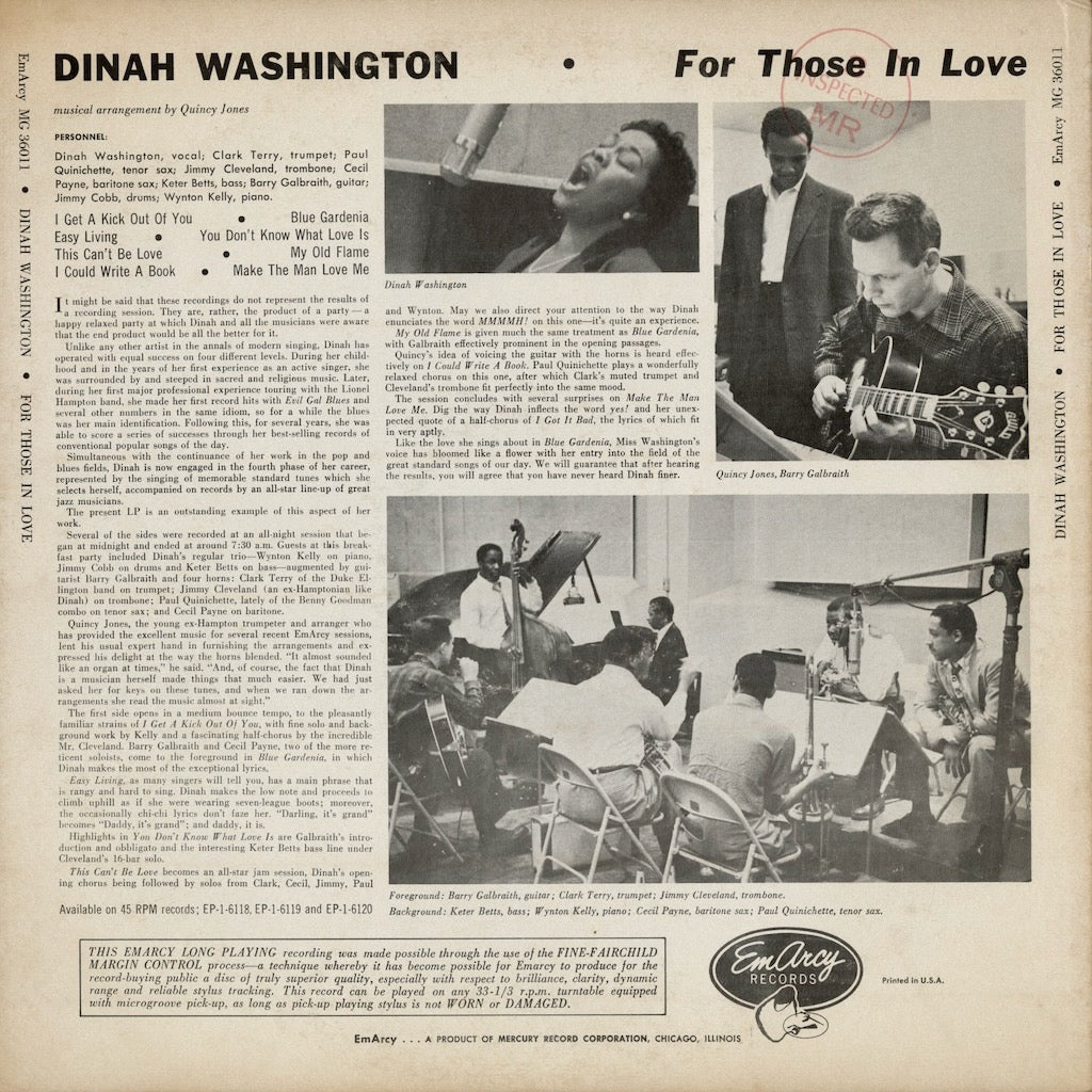 Dinah Washington - For Those In Love (MG-36011) LP 1950’s US Mercury/EmArcy｜中古LP