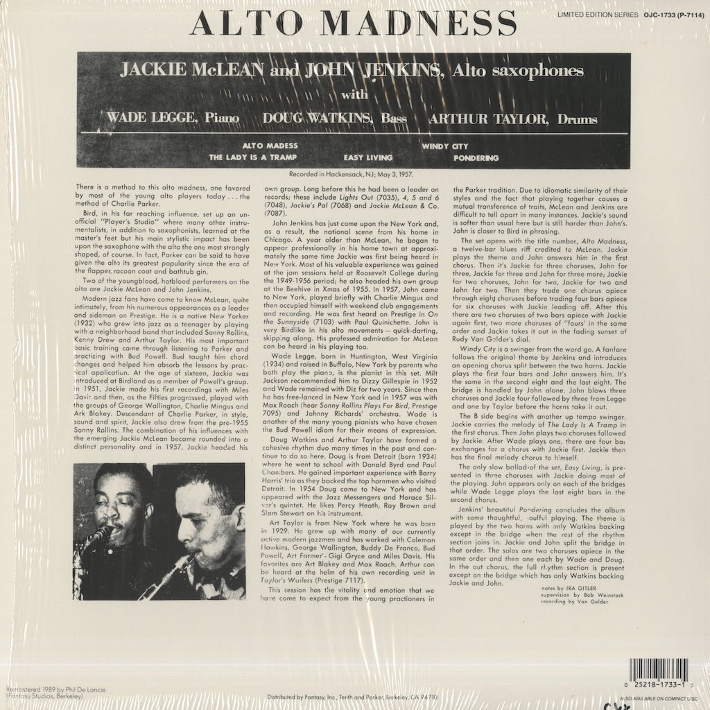 Jackie McLean - John Jenkins / ジャッキー・マクリーン　ジョン・ジェンキンス / Alto Madness (OJC-1733)