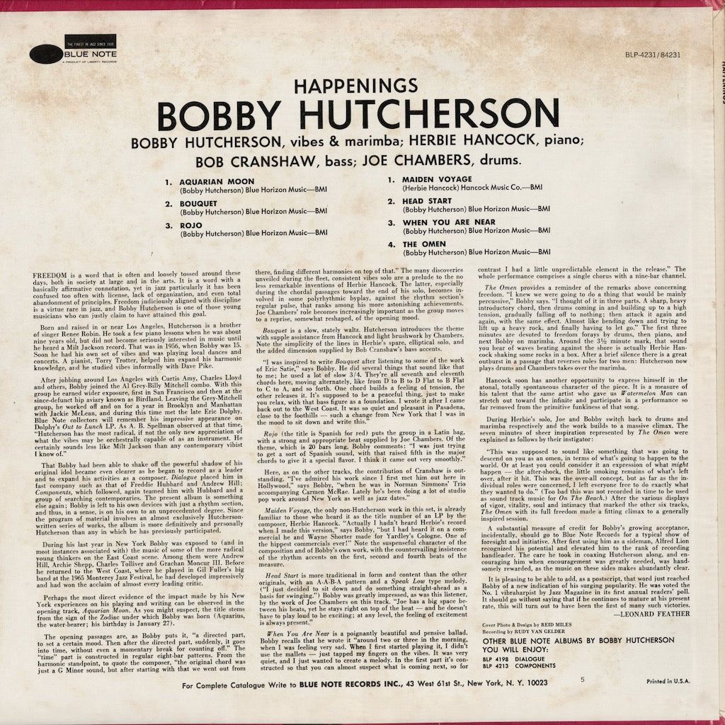 Bobby Hutcherson - Happenings (BST 84231) 1974 US Blue Note｜中古LP