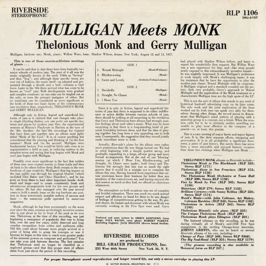 Thelonious Monk And Gerry Mulligan - Mulligan Meets Monk (SMJ-6107) 1975 JPN Riverside - 東芝｜中古LP