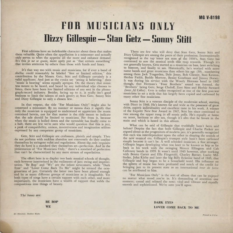Dizzy Gillespie, Stan Getz etc / ディジー・ガレスピー　スタン・ゲッツ / For Musicians Only (MG V-8198)