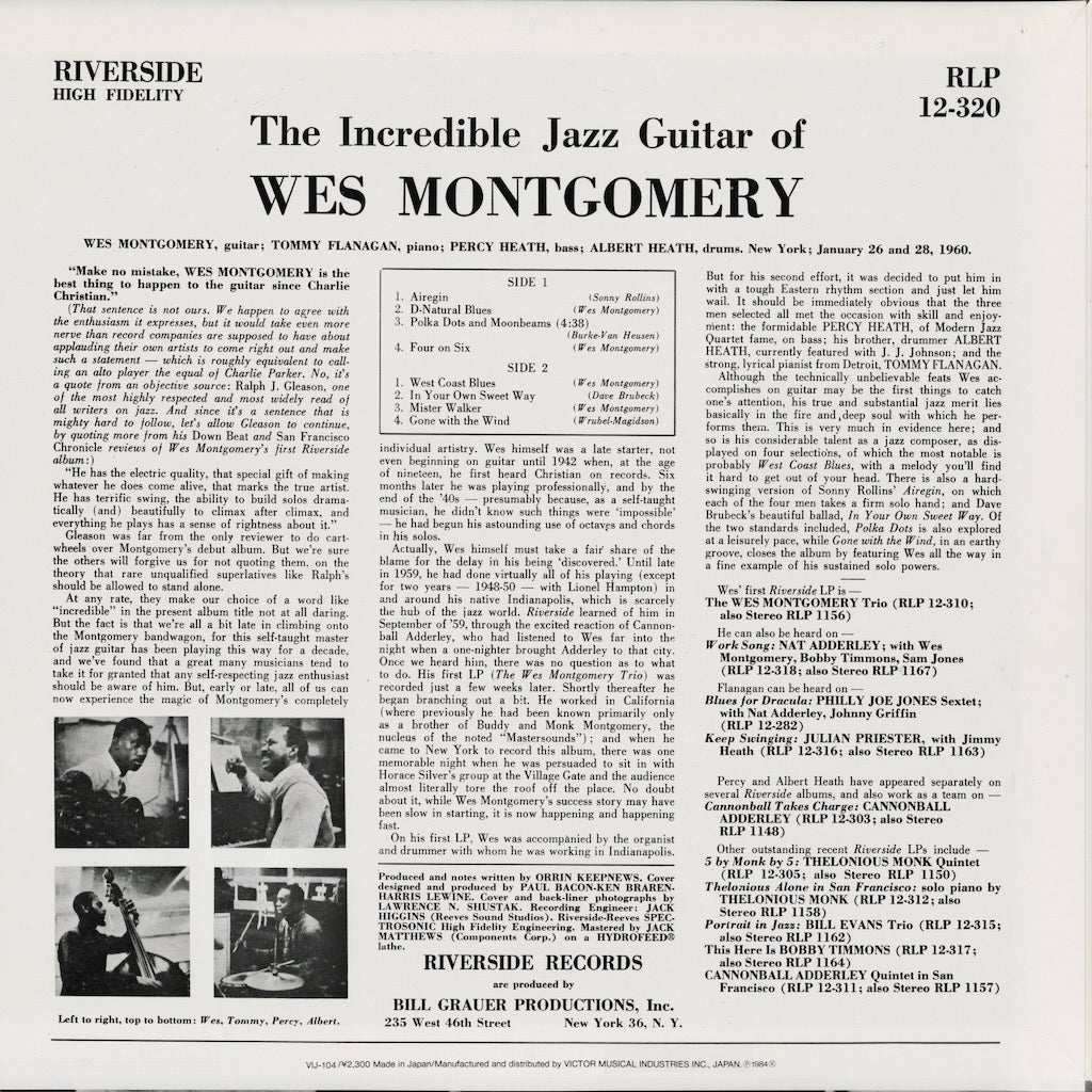 Wes Montgomery - The Incredible Jazz Guitar Of Wes Montgomery (VIJ-104) LP 1984 JPN Riverside｜中古LP