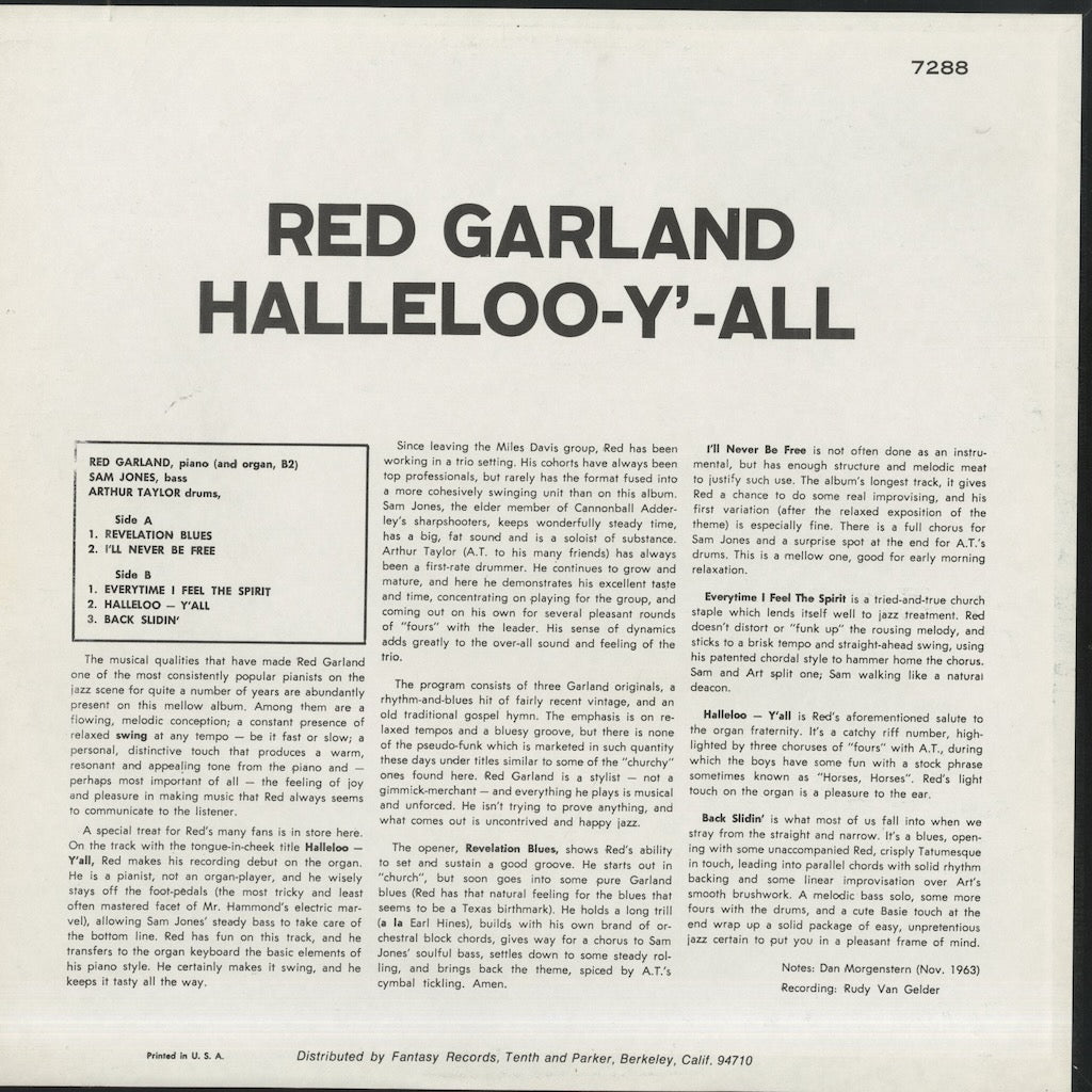 Red Garland / レッド・ガーランド / Halleloo-Y'-All (PRT-7288)