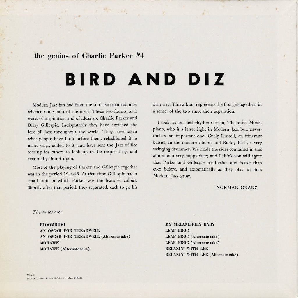 Charlie Parker / チャーリー・パーカー / Bird And Diz (MV 4013)