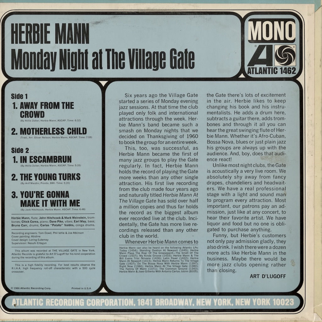 Herbie Mann - Monday Night at the Village Gate (1462) 1966 US Atlantic｜中古LP