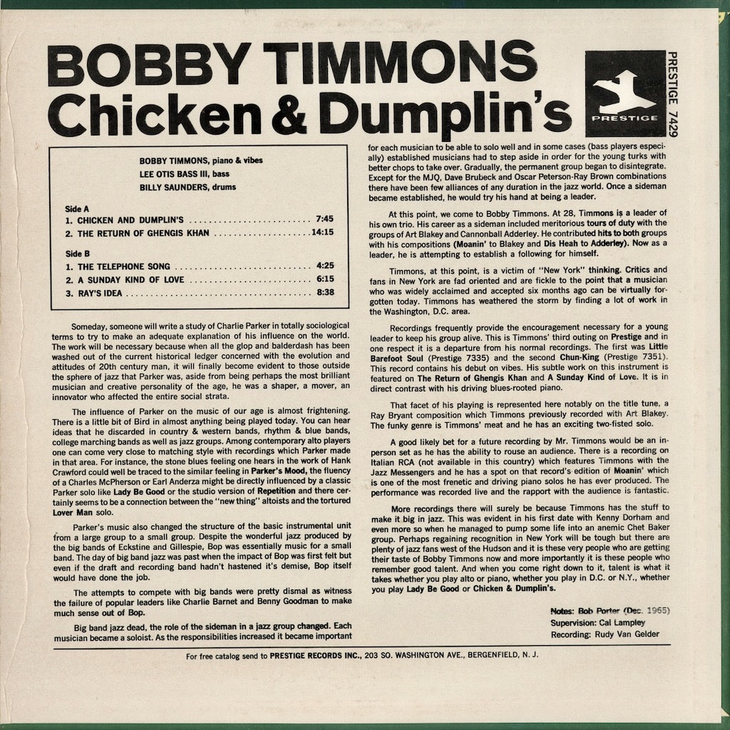 Bobby Timmons - Chicken & Dumplin's (PR7429) 1965 US Prestige｜中古LP