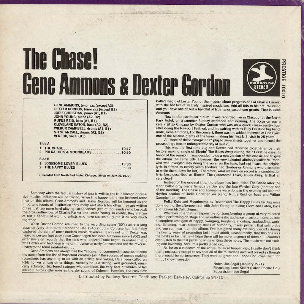Gene Ammons & Dexter Gordon - The Chase! (PRT-10010) 1972 US Prestige｜中古LP