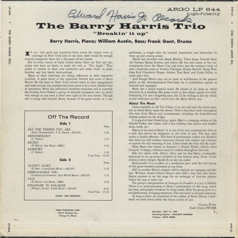 Barry Harris Trio / バリー・ハリス / Breakin' It Up (LP-644)