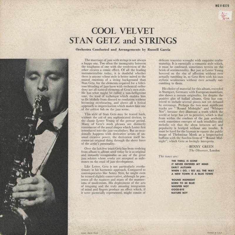 Stan Getz / スタン・ゲッツ / Cool Velvet (MG V-8379)