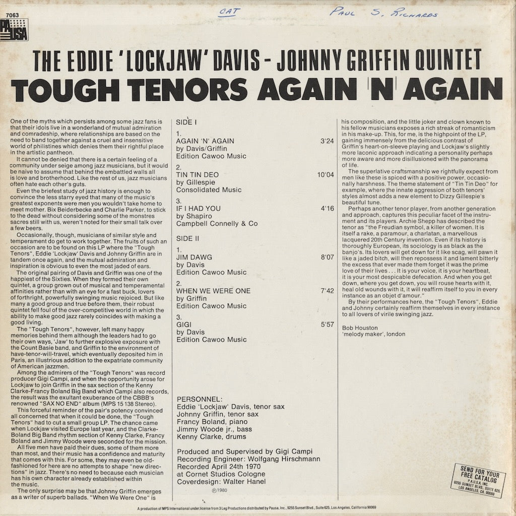 Eddie Davis, Johnny Griffin Quintet - Tough Tenors Again 'N' Again (PR 7063) LP 1980 US Pausa｜中古LP