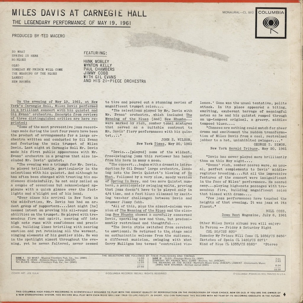 Miles Davis - At Carnegie Hall (CL 1812) 1962 US Columbia｜中古LP