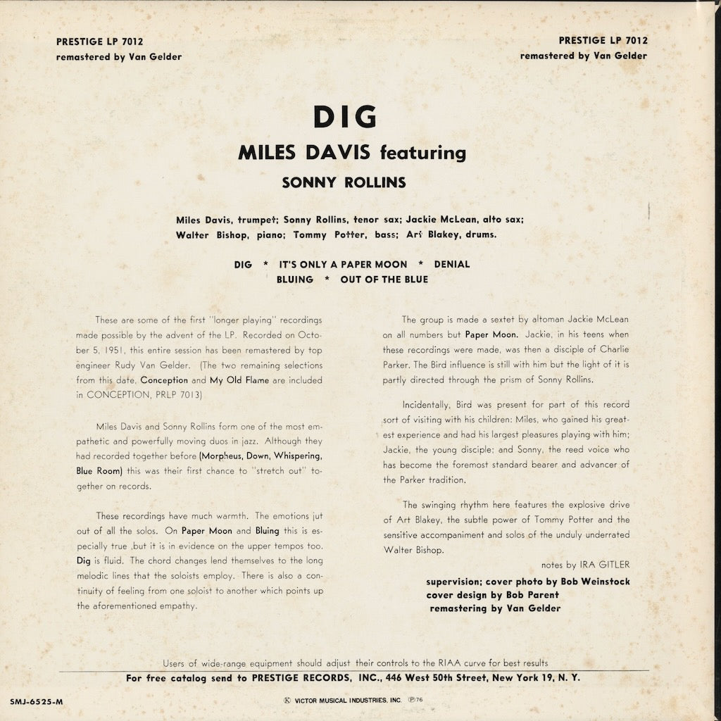 Miles Davis - Dig (SMJ-6525(M)) Prestige
back