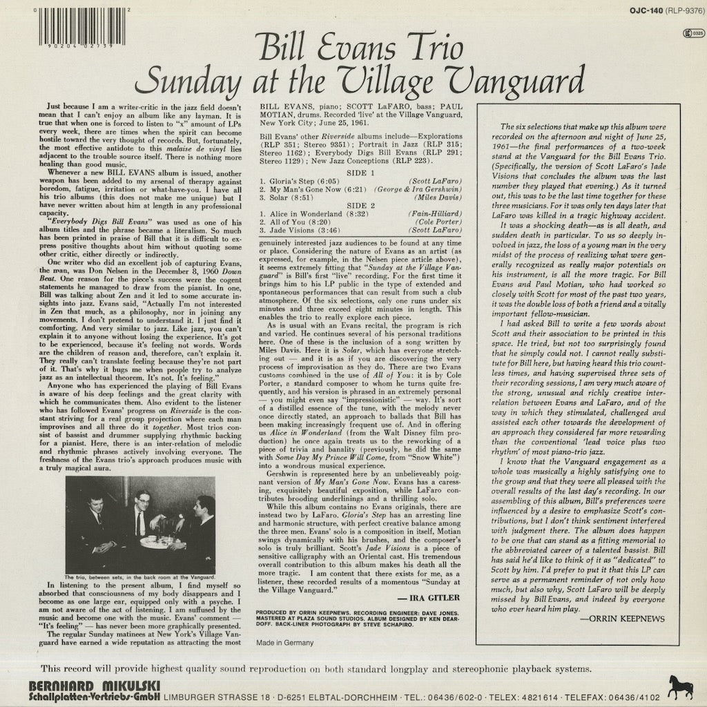 Bill Evans / ビル・エヴァンス / Sunday At Village Vanguard (OJC-140)