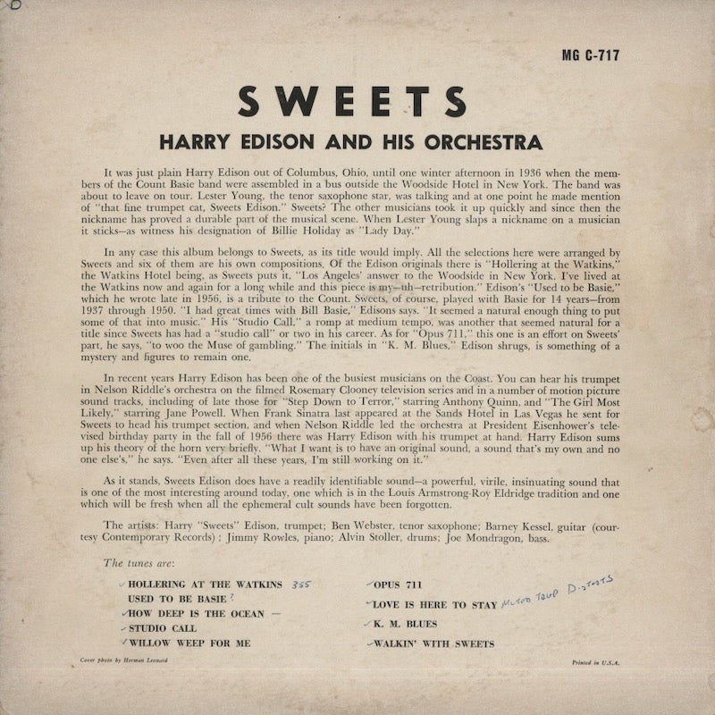 Harry Edison And His Orchestra / ハリー・エディソン / Sweets (MG C-717)