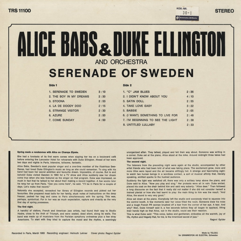 Alice Babs & Duke Ellington / アリス・バブス　デューク・エリントン / Serenade To Sweden (TRS 11100)