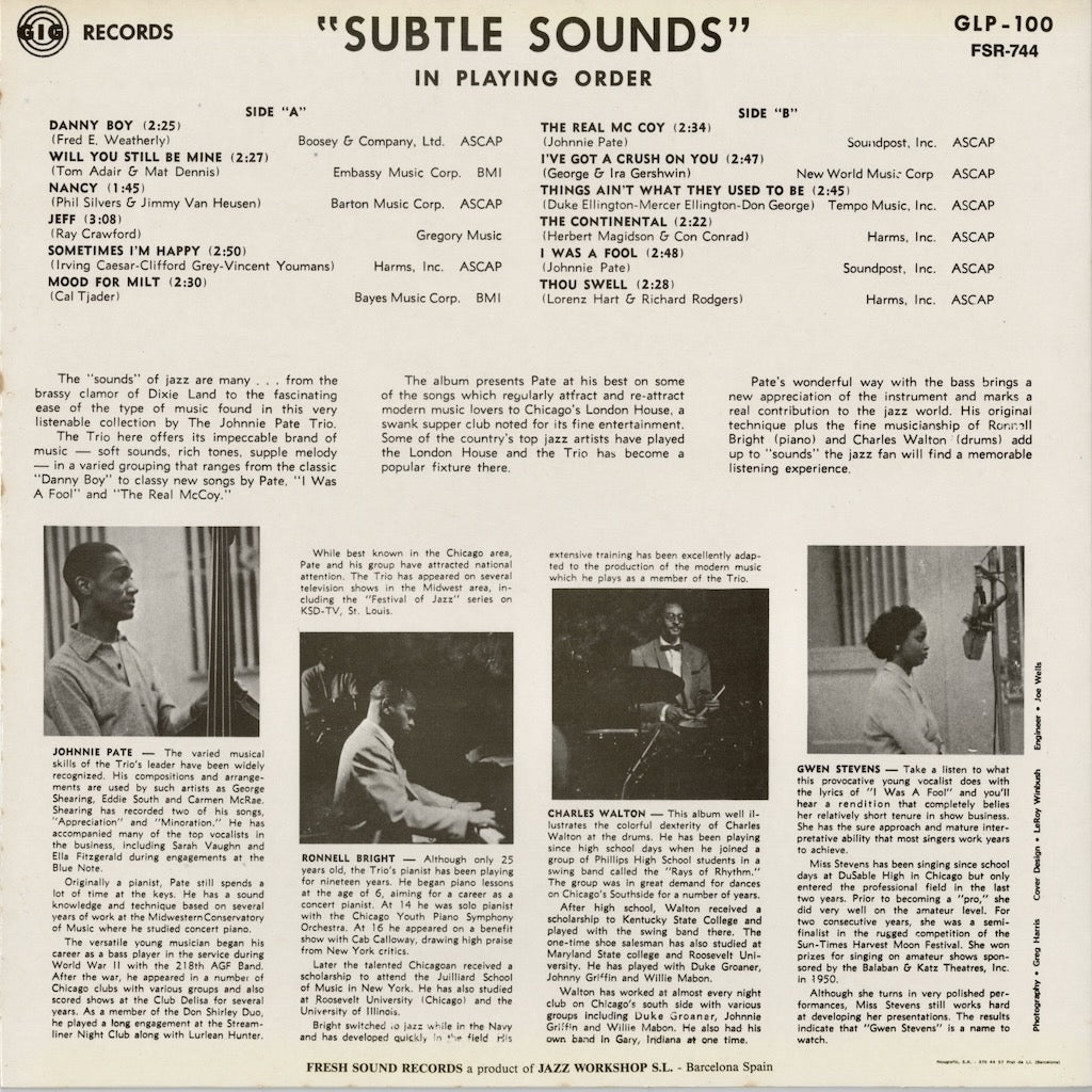 Johnnie Pate - Subtle Sounds (FSR-744) LP 1985 SPA Fresh Sound