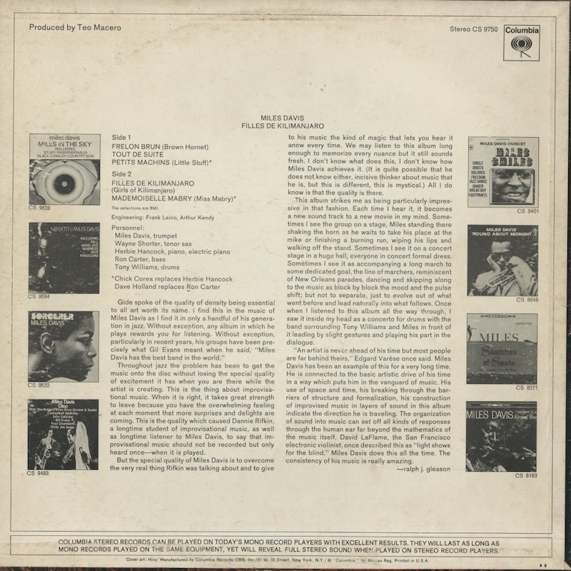 Miles Davis - Filles De Kilimanjaro (CS 9750) 1969 US Columbia｜中古LP