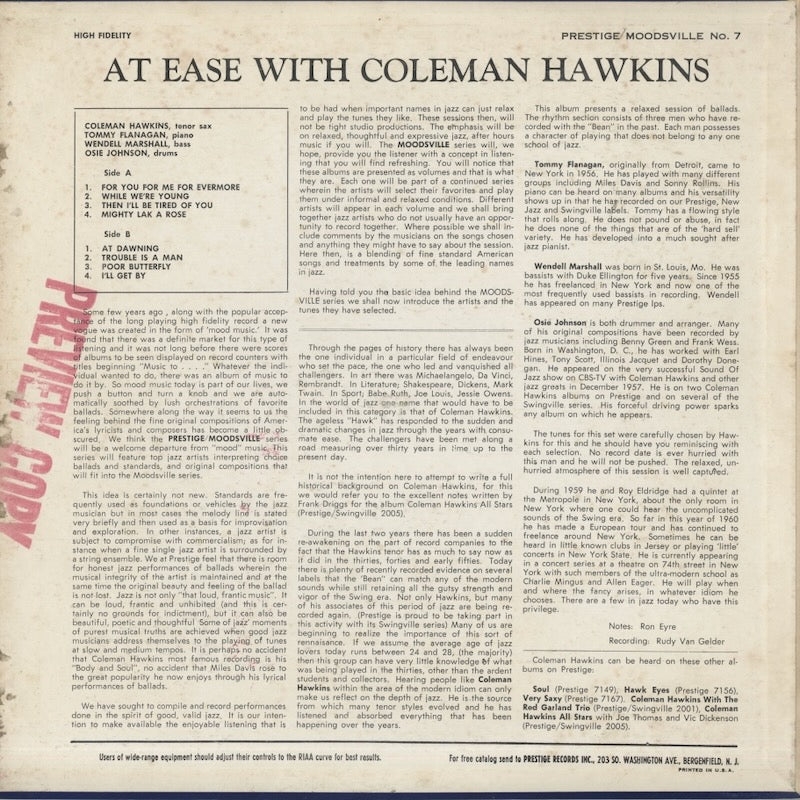 Coleman Hawkins / コールマン・ホーキンス / At Ease With Coleman Hawkins (MVLP Vol. 7)