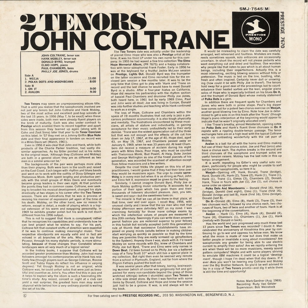 John Coltrane, Hank Mobley / ジョン・コルトレーン, ハンク・モブレイ / Two Tenors (SMJ-7545M)