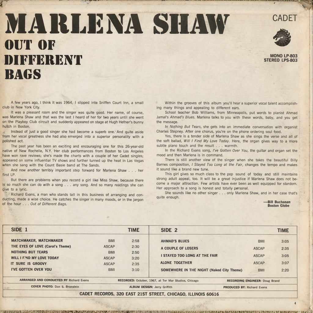Marlena Shaw – Out Of Different Bags (LPS 803) LP 1968 US Cadet | 中古LP