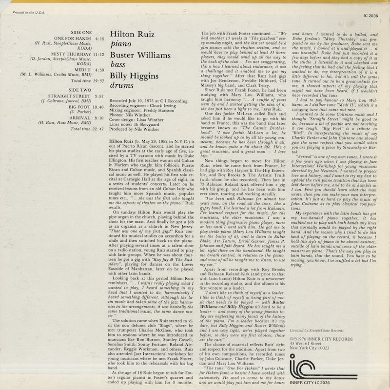 Hilton Ruiz / ヒルトン・ルイズ / Piano Man (IC 2036)