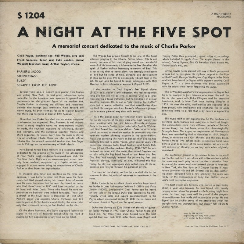 Cecil Payne, Phil Woods, Frank Socolow, Wendell Marshall, Art Taylor, Duke Jordan / A Night At The Five Spot (S 1204)