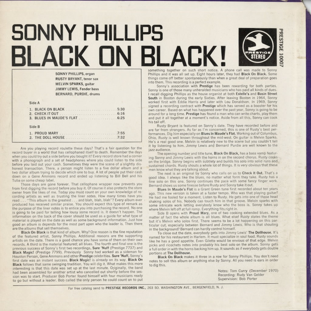 Sonny Phillips – Black On Black! (PRST 10007) LP 1971 US Prestige | 中古LP
