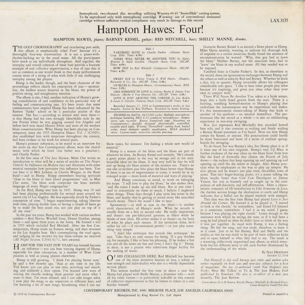 Hampton Hawes - Four! (LAX-3135) 1977 JPN Contemporary - キングレコード｜中古LP