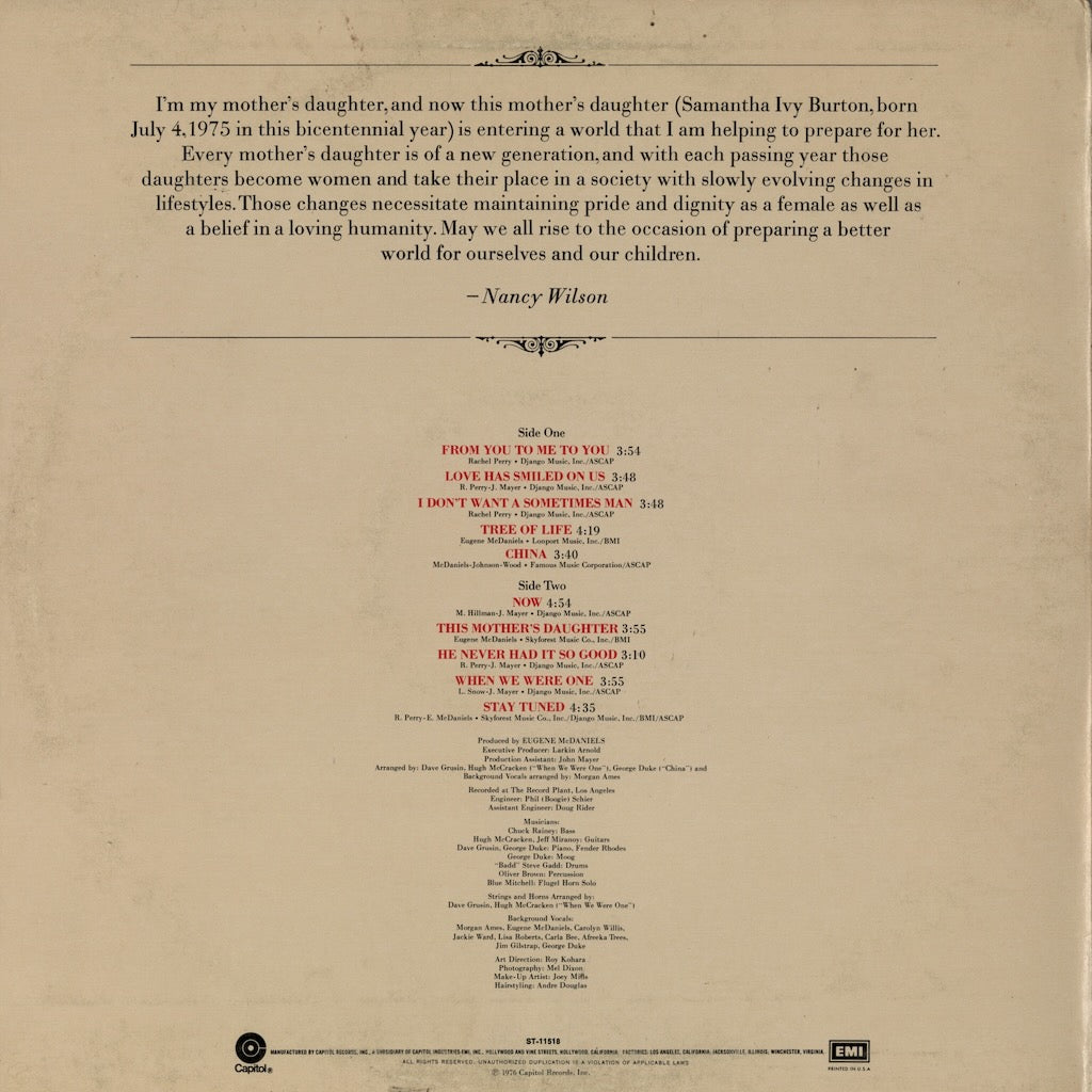 Nancy Wilson – This Mother's Daughter (ST-11518) 1976 US Capitol | 中古LP