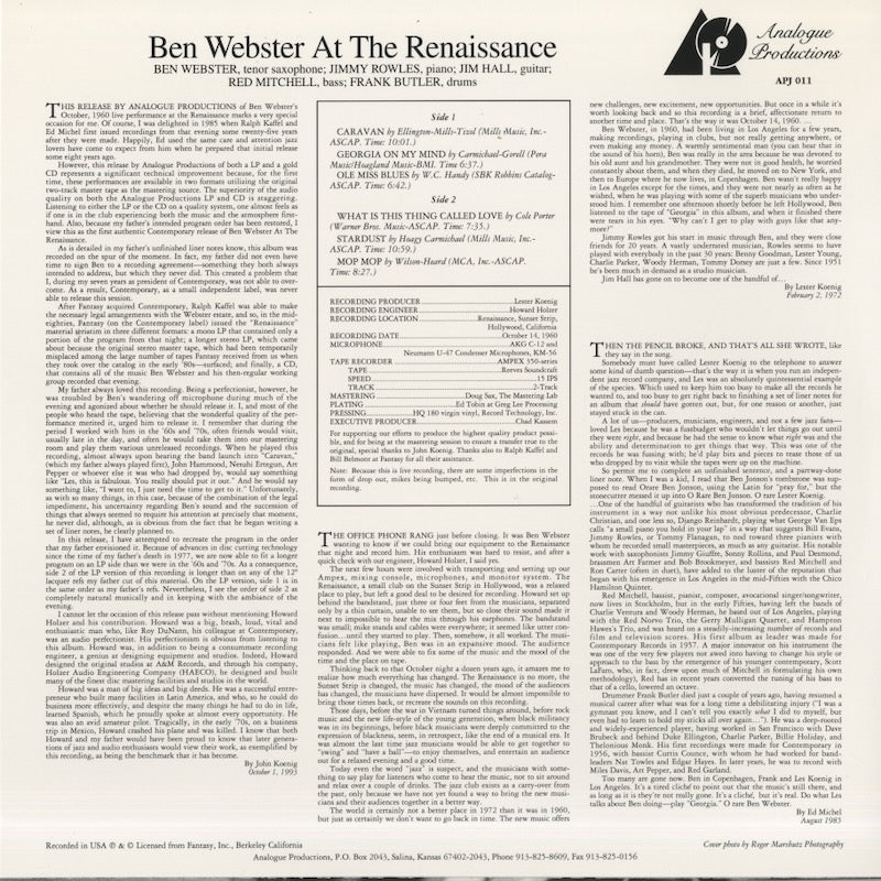 Ben Webster / ベン・ウェブスター / At The Renaissance (APJ 011)