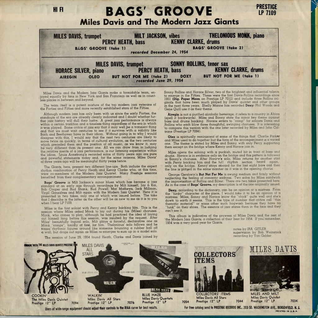 Miles Davis / マイルス・デイヴィス / Bags Groove (PRST 7109)