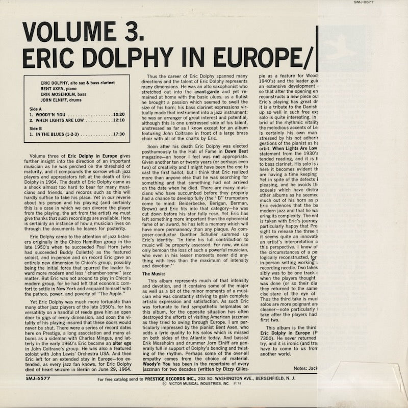 Eric Dolphy / エリック・ドルフィー / In Europe - Volume 3 (SMJ-6577)