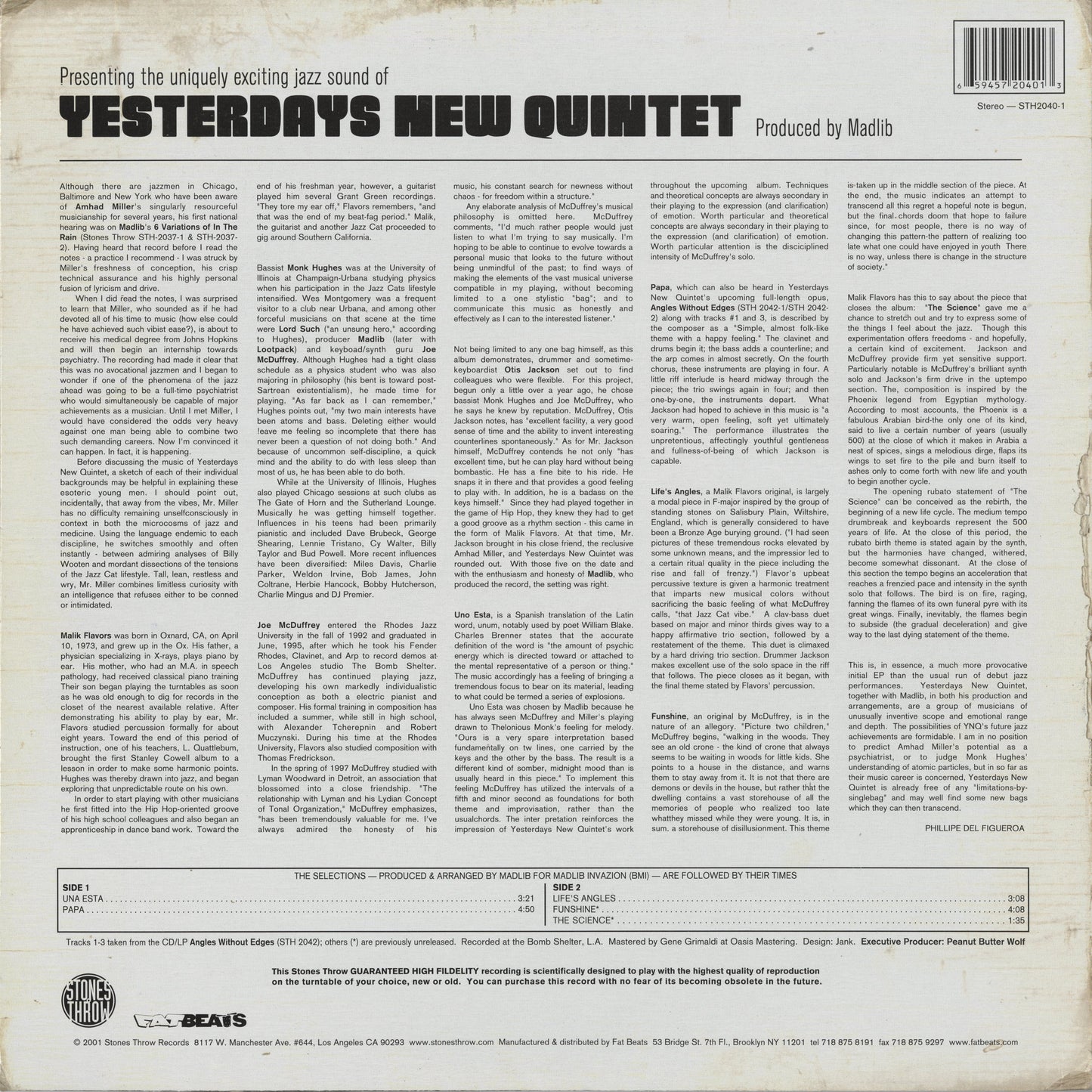 Yesterdays New Quintet - Uno Esta EP (STH2040) 12inch 2001 US Stones Throw｜中古12インチ