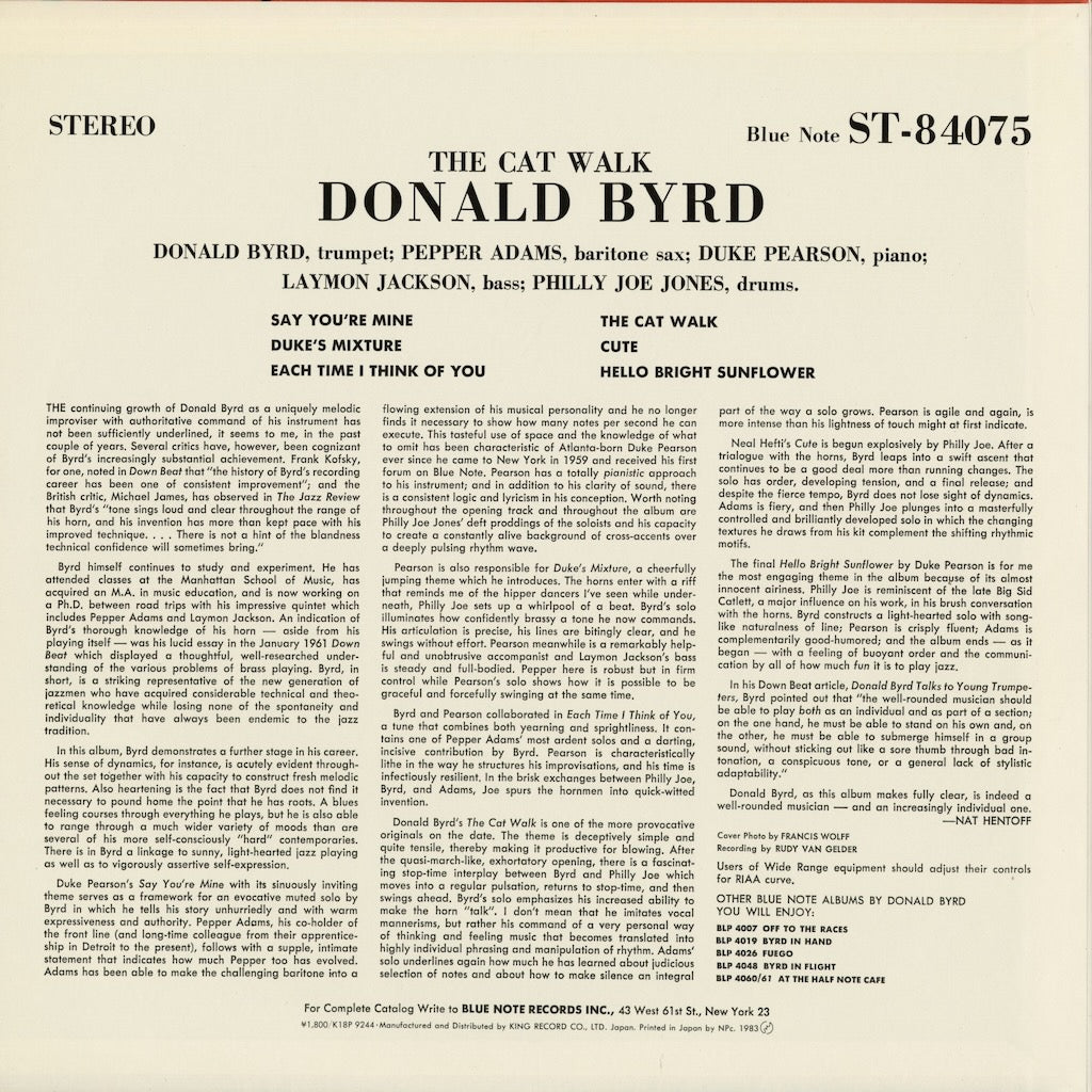 Donald Byrd - The Cat Walk (K18P 9244) 1983 JPN Blue Note｜中古LP