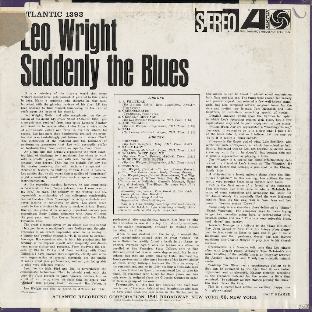 Leo Wright - Suddenly The Blues (SD 1393) 1962 US Atlantic｜中古LP