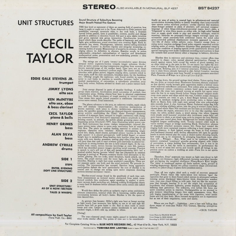 Cecil Taylor / セシル・テイラー / Unit Structures (BNJ 71047)