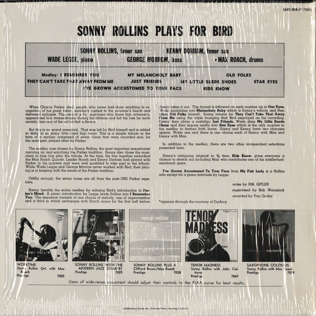 Sonny Rollins - Rollins Plays For Bird (OJC-214) 1986 US Prestige / Original Jazz Classics｜中古LP