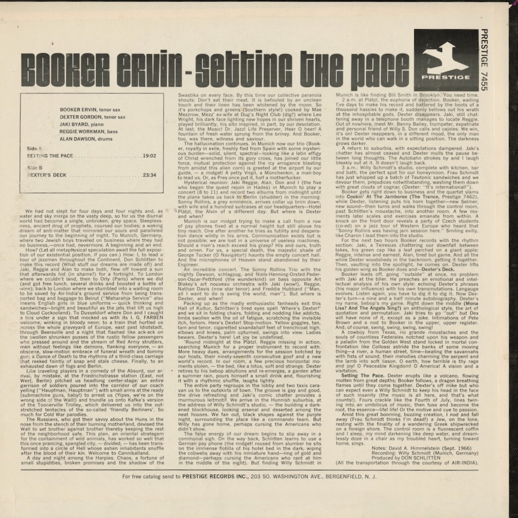Booker Ervin / ブッカー・アーヴィン / Setting The Pace With Booker Ervin (PRST 7455)