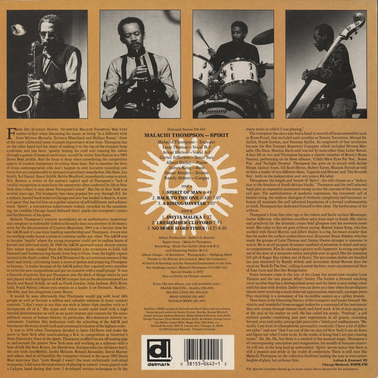 Malachi Thompson – Spirit (DS-442) LP 1989 US Delmark オリジナル盤・プロモ白レーベル