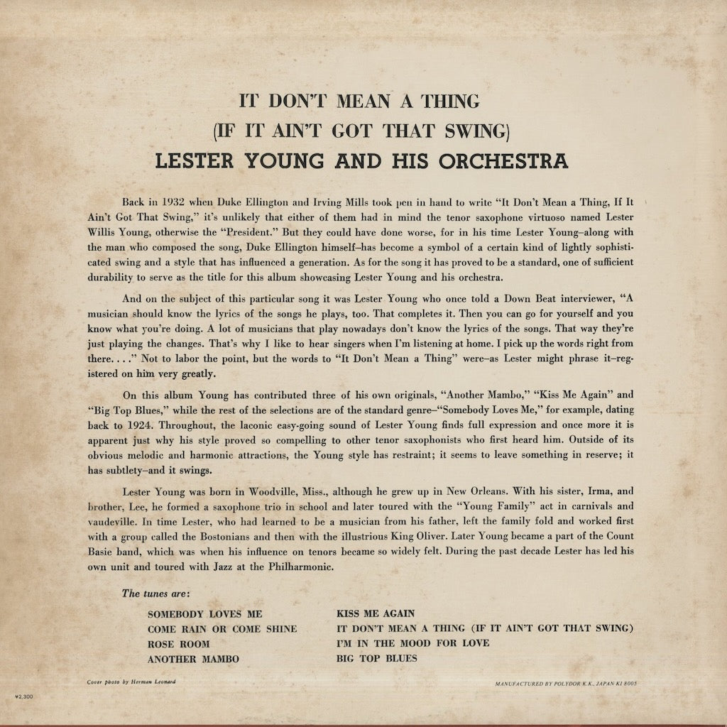 Lester Young  / レスター・ヤング / It Don't Mean A Thing (If It Ain't Got That Swing) (MV 2685)