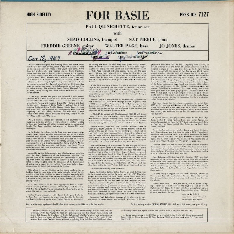 Paul Quinichette / ポール・クイニシェット / For Basie (PRLP 7127)