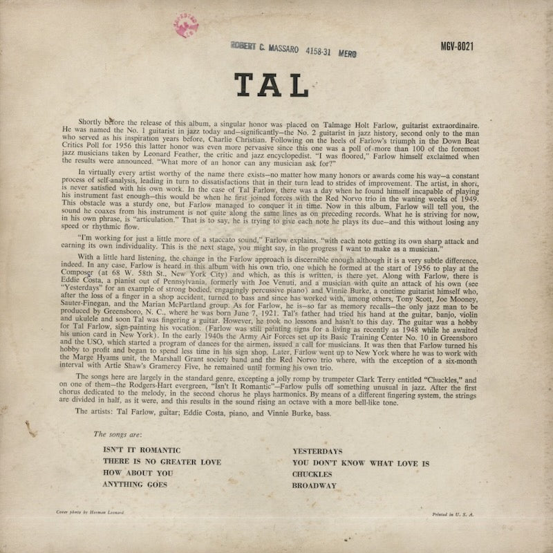 Tal Farlow / タル・ファーロウ / Tal (MGV-8021)