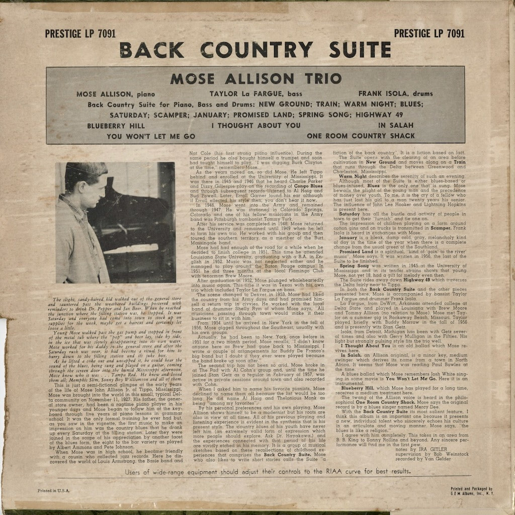 Mose Allison - Back Country Suite (PRLP 7091) 1958 US Prestige｜中古LP