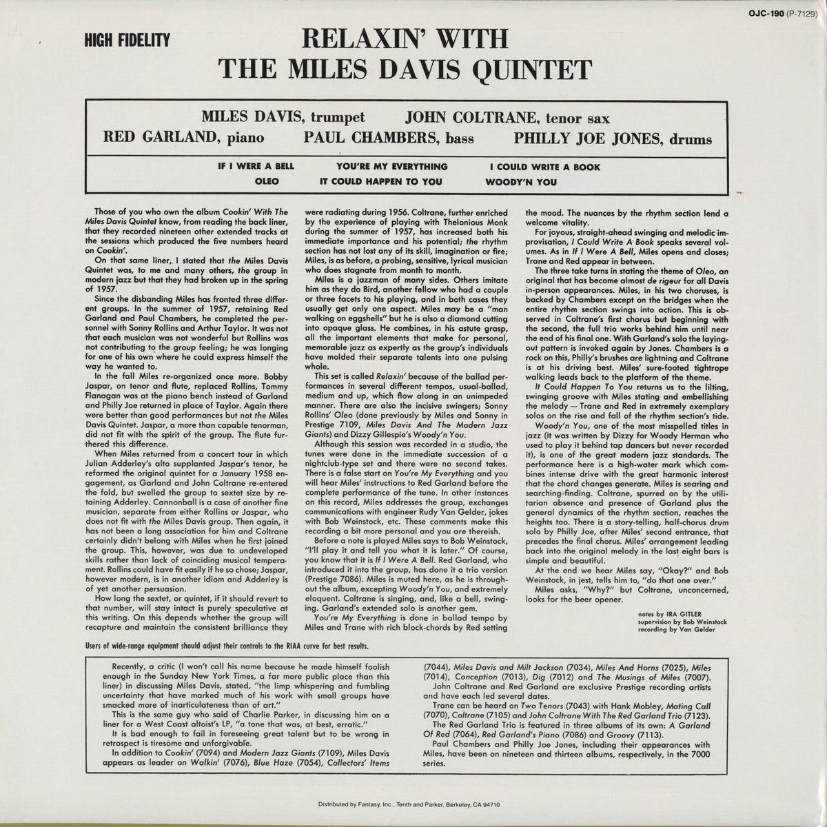 Miles Davis / マイルス・デイヴィス / Relaxin' (OJC-190)