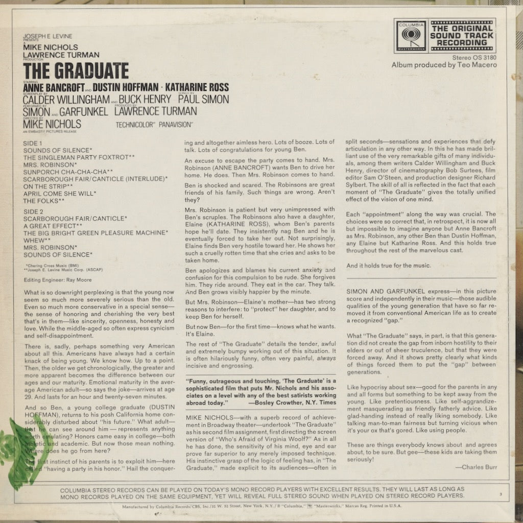 Simon and Garfunkel / The Graduate (OS 3180) 1968 US Columbia｜中古LP