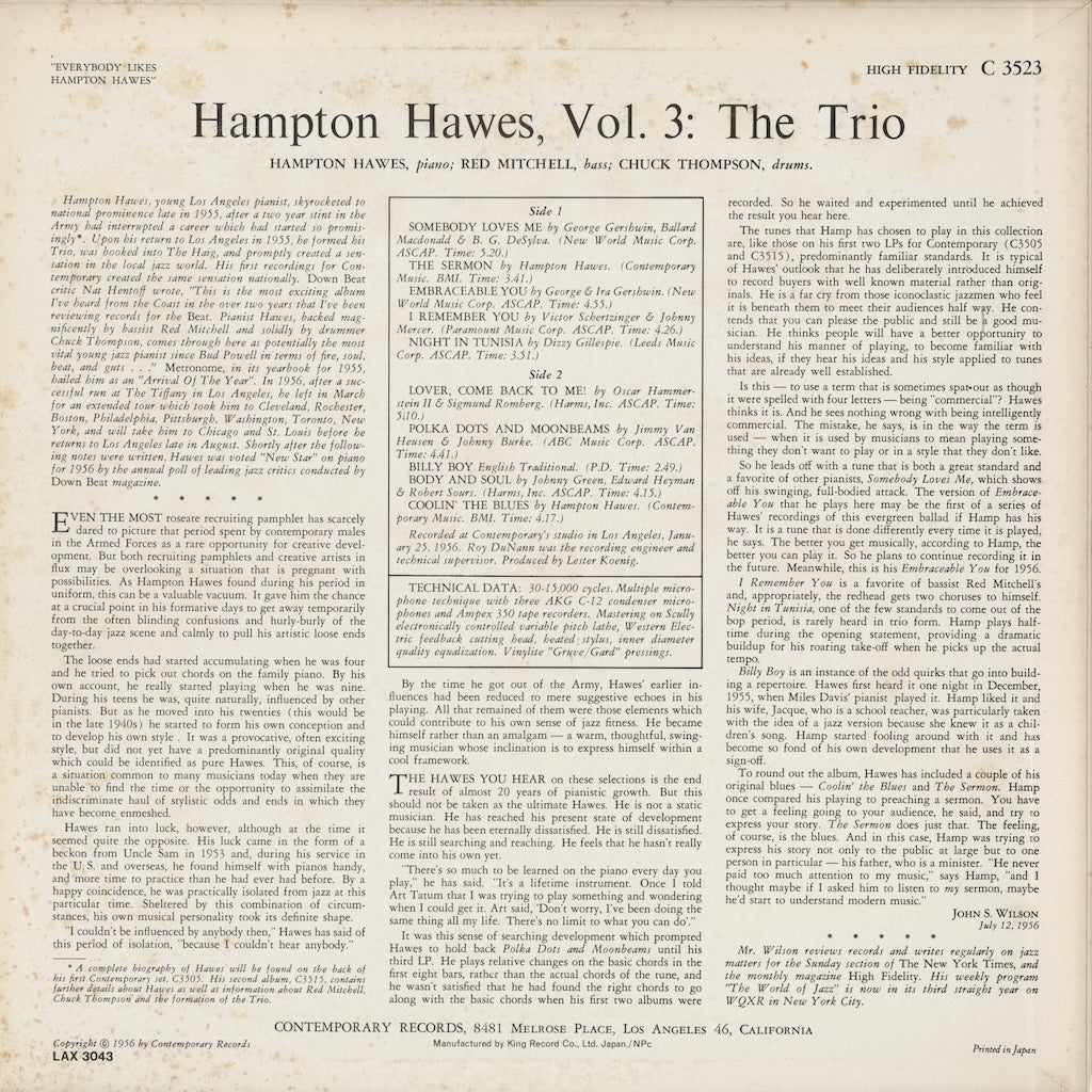 Hampton Hawes / ハンプトン・ホーズ / Everybody Likes Hampton Hawes, Vol. 3: The Trio (LAX-3043)