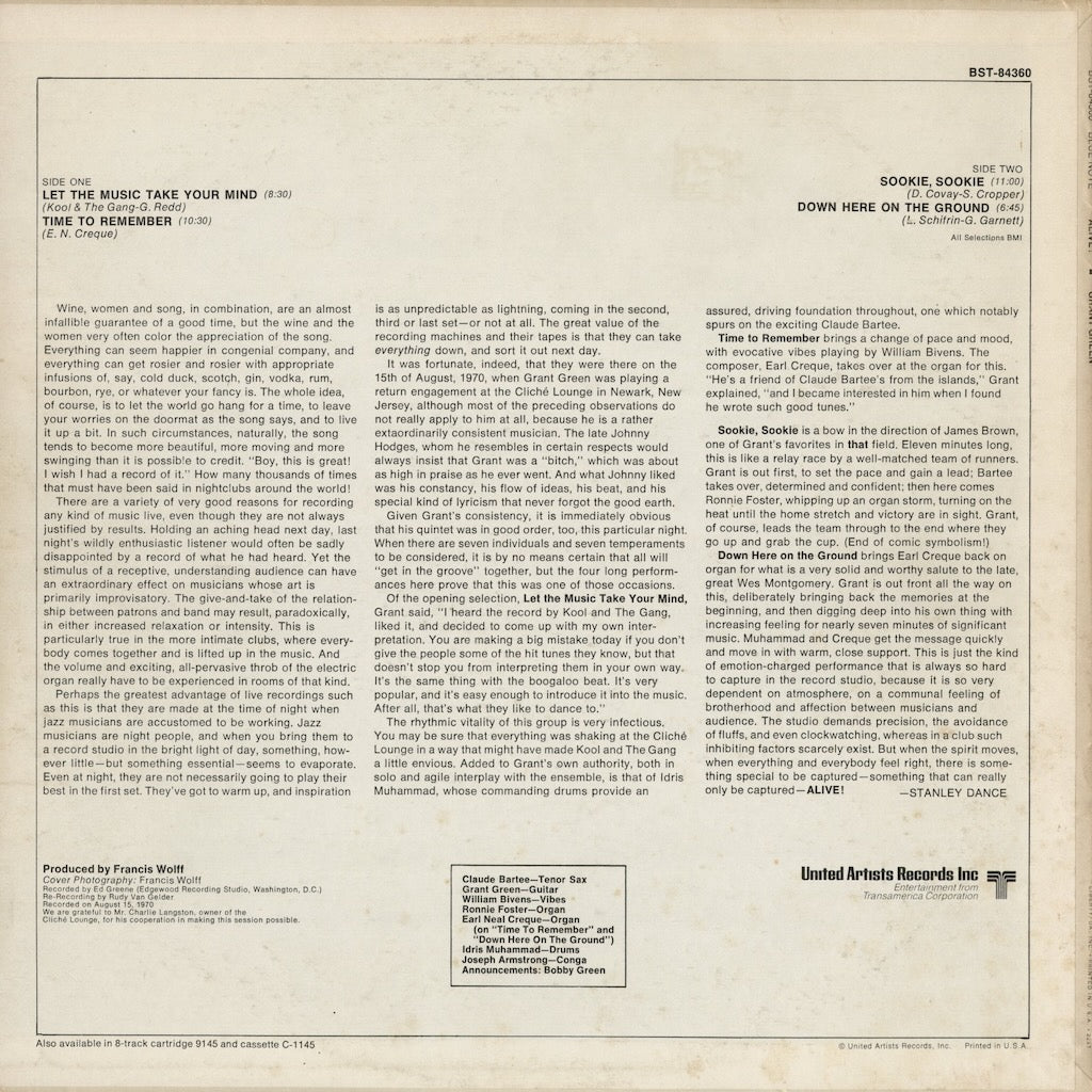 Grant Green - Alive! (BST-84360) 1970 US Blue Note｜中古LP