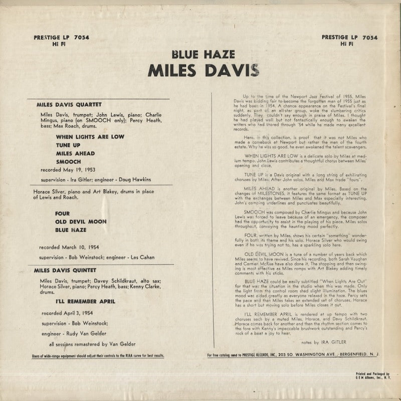 Miles Davis / マイルス・デイヴィス / Blue Haze (PRLP 7054)