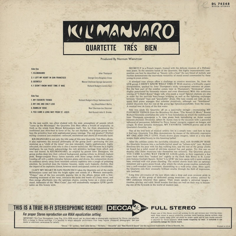 Quartette Tres Bien / カルテット・トレス・ビエン / Kilimanjaro (DL 74548)