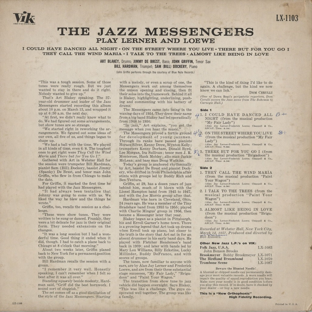 Art Blakey & The Jazz Messengers – Selections From Lerner And Loewe's (LX 1103) LP 1957 US Vik | 中古LP